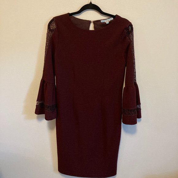 ANTONIO MELANI Dresses & Skirts - Antonio Melani Shift Dress Burgundy Sz 4 w/Lace Details Bell Sleeves Minimalist